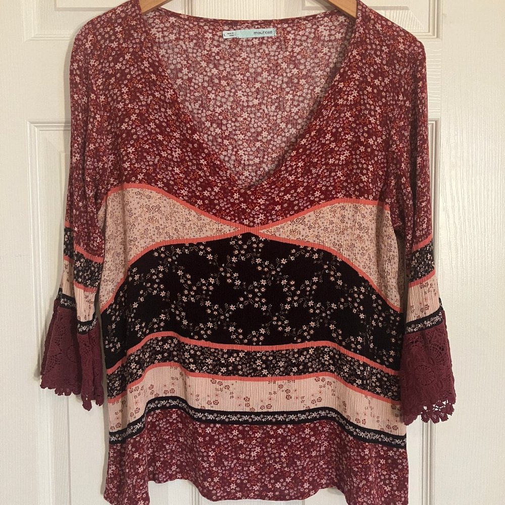 Maurices Size Large Boho Peasant Blouse Floral Shirt Top Red Pink Western V-Neck